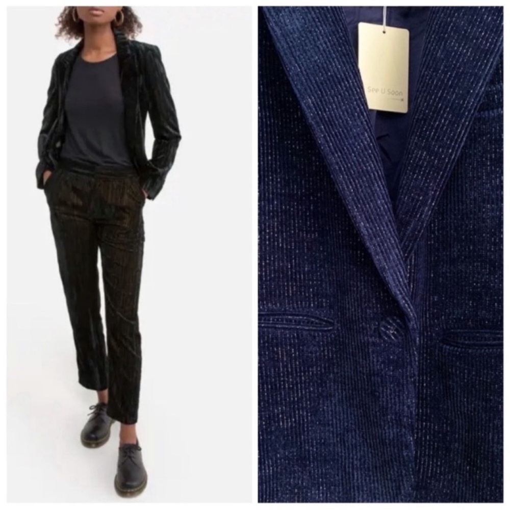 Anthropologie See U Soon Velour Silver Lurex Blazer Dark Blue New Size: USS